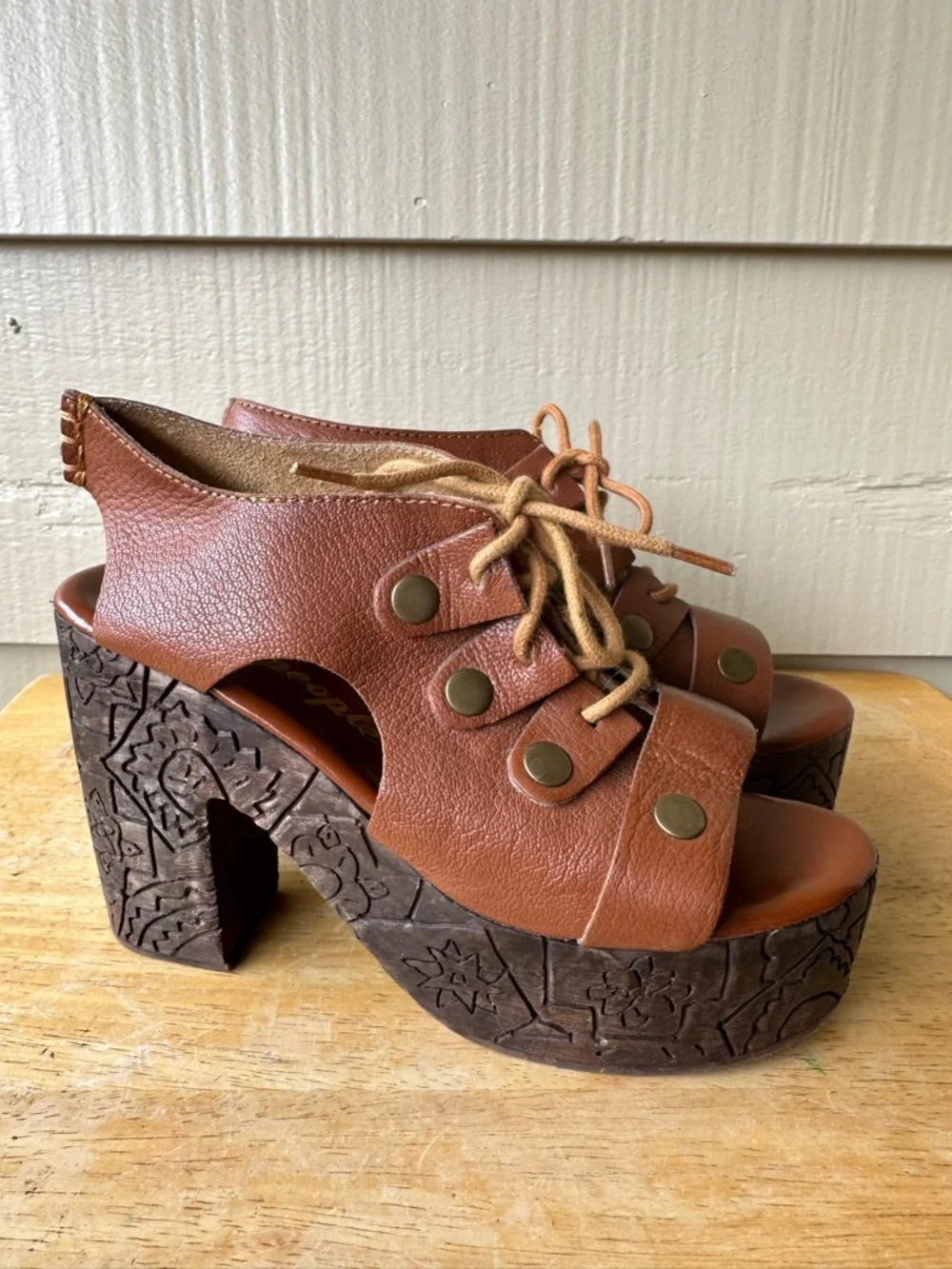 Free People Farrah Brown Leather Wooden Heel Engraved Platform Sandal Brown
